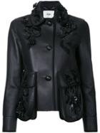 Fendi Floral Appliqué Jacket, Women's, Size: 40, Black, Lamb Nubuck Leather
