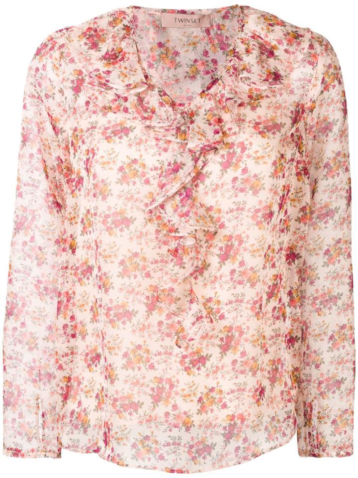 Twin-set Floral Printed Ruffle Blouse - Neutrals