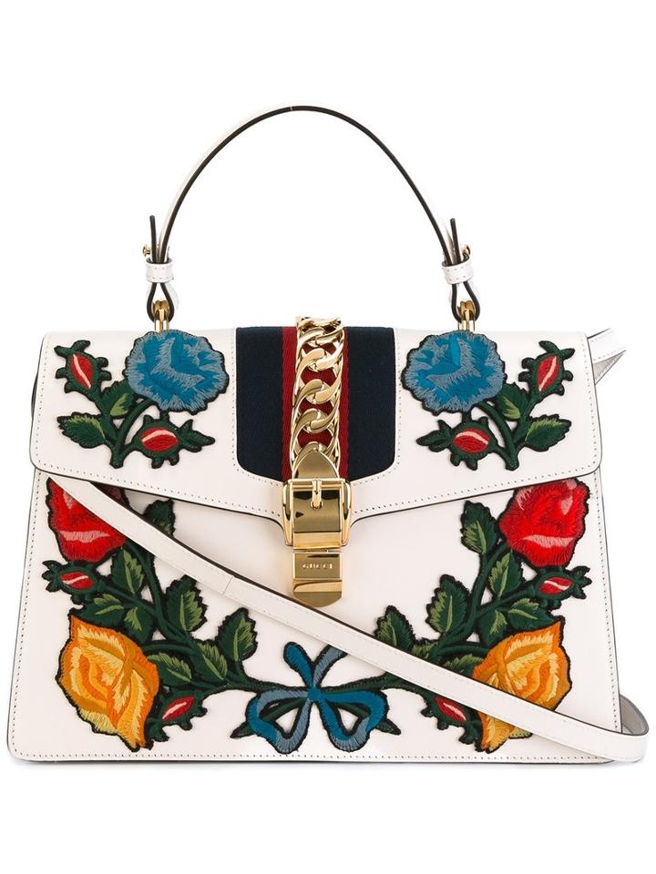 Gucci Medium Sylvie Appliqué Tote, Women's, White, Leather