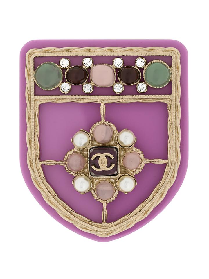 Chanel Vintage Stone And Crystal Embellished Crest Pin - Pink & Purple