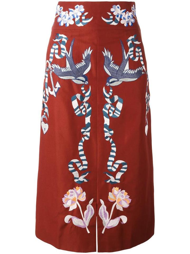Temperley London Embroidered Midi Skirt, Women's, Size: 10, Red, Cotton/silk/spandex/elastane