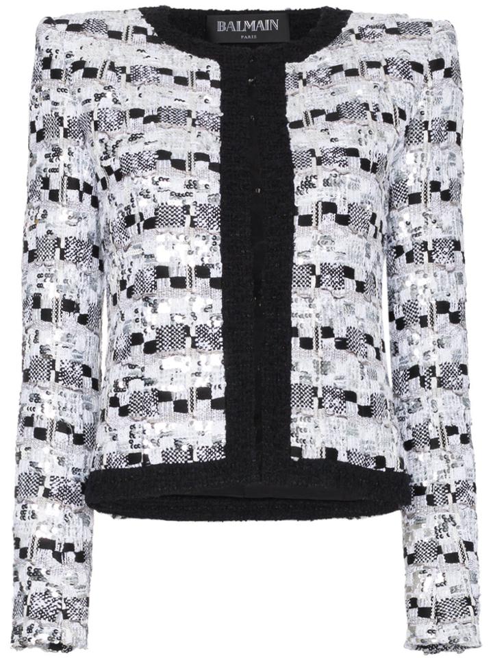 Balmain Sequin Embellished Cotton Blend Jacket - White