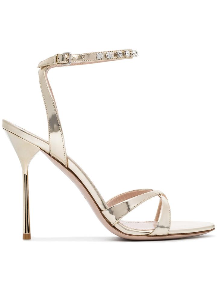 Miu Miu Gold Metallic Crystal Embellished 105 Leather Sandals