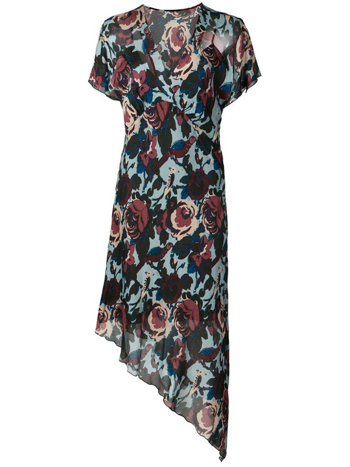Anna Sui Floral Print Asymmetric Dress - Blue