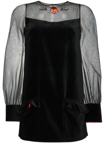 Navro Velvet Mini Dress With Sheer Sleeves - Black