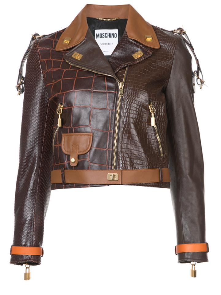 Moschino Crocodile-effect Biker Jacket - Brown