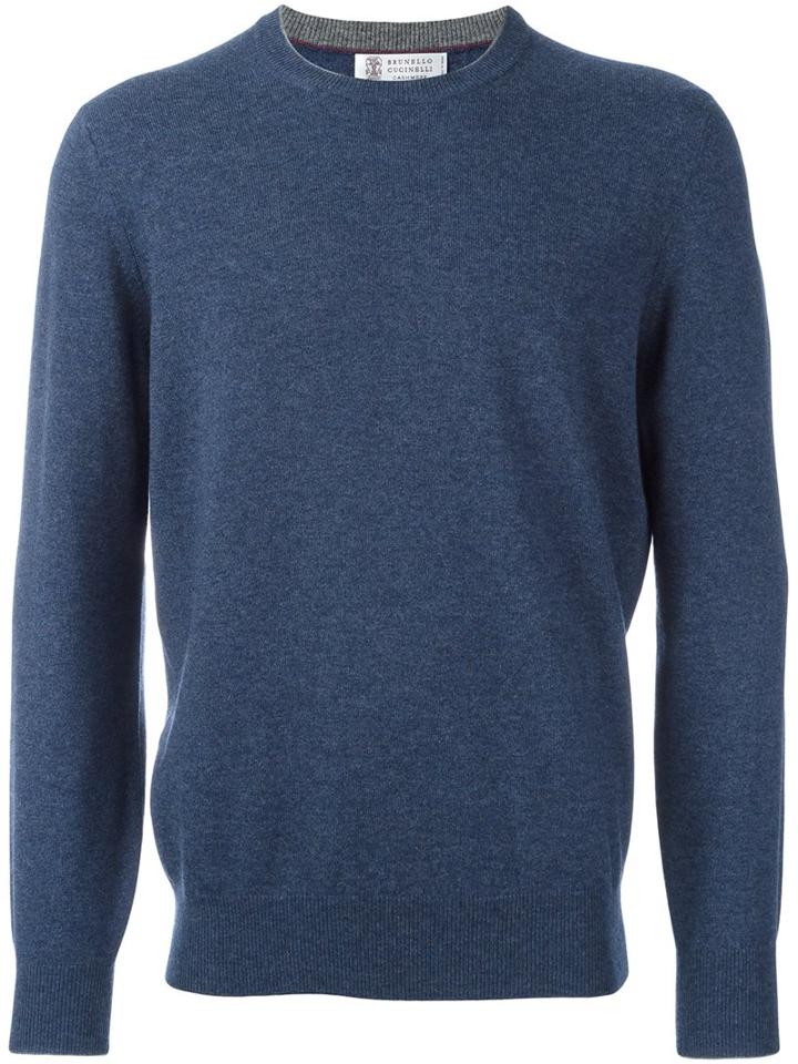 Brunello Cucinelli Cashmere Crew Neck Jumper, Men's, Size: 54, Blue, Cashmere