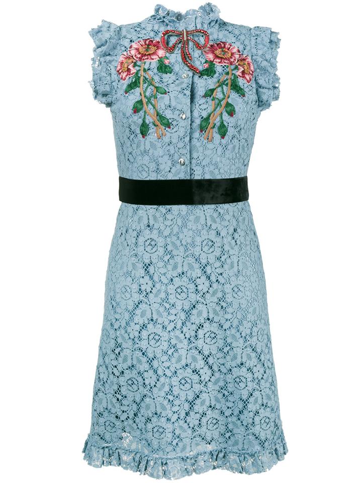 Gucci Embroidered Cluny Lace Dress - Blue