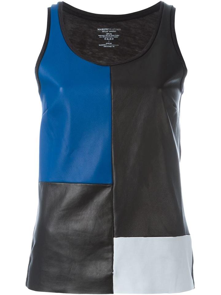 Majestic Filatures Patchwork Leather Tank Top, Women's, Size: 3, Black, Linen/flax/leather