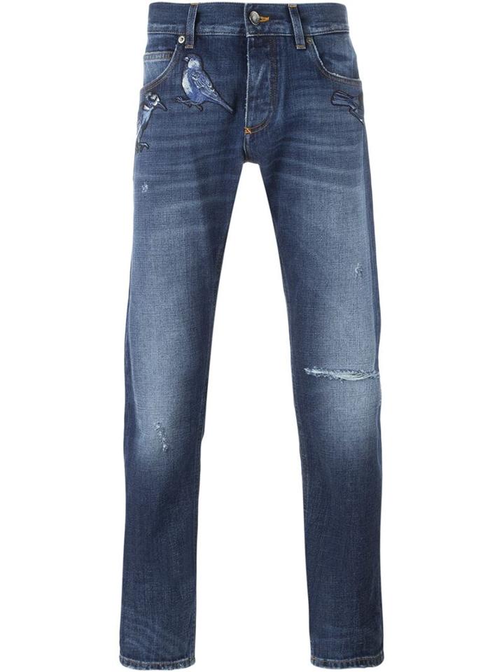 Dolce & Gabbana Bird Patch Slim Jeans, Men's, Size: 44, Blue, Cotton