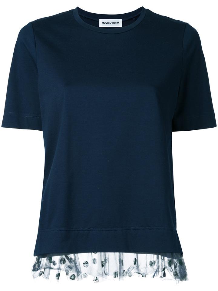 Muveil - Mesh Frill Hem Top - Women - Cotton/polyurethane - 40, Blue, Cotton/polyurethane