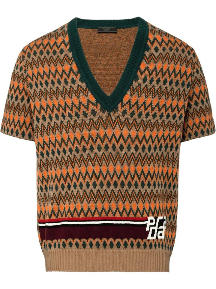 Prada Jacquard Short Sleeve Sweater - Brown