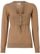 Burberry Button Panel Detail Merino Wool V-neck Sweater - Brown