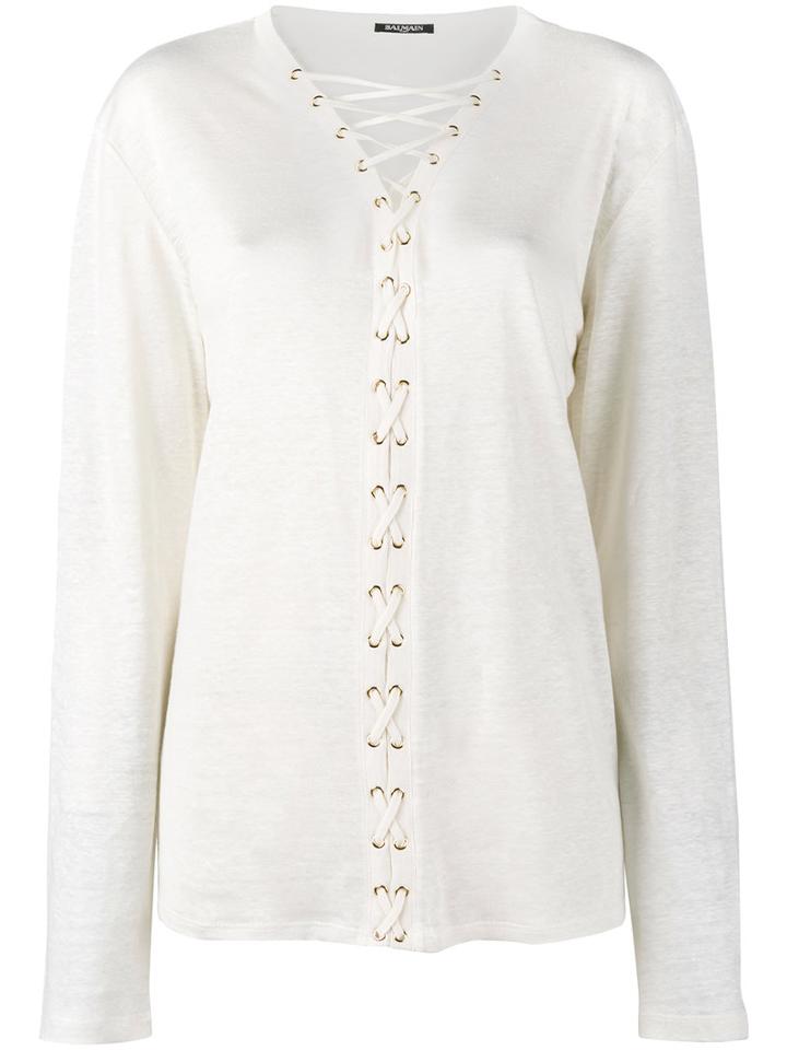 Balmain Lace-up Long Sleeve Top, Women's, Size: 38, White, Linen/flax