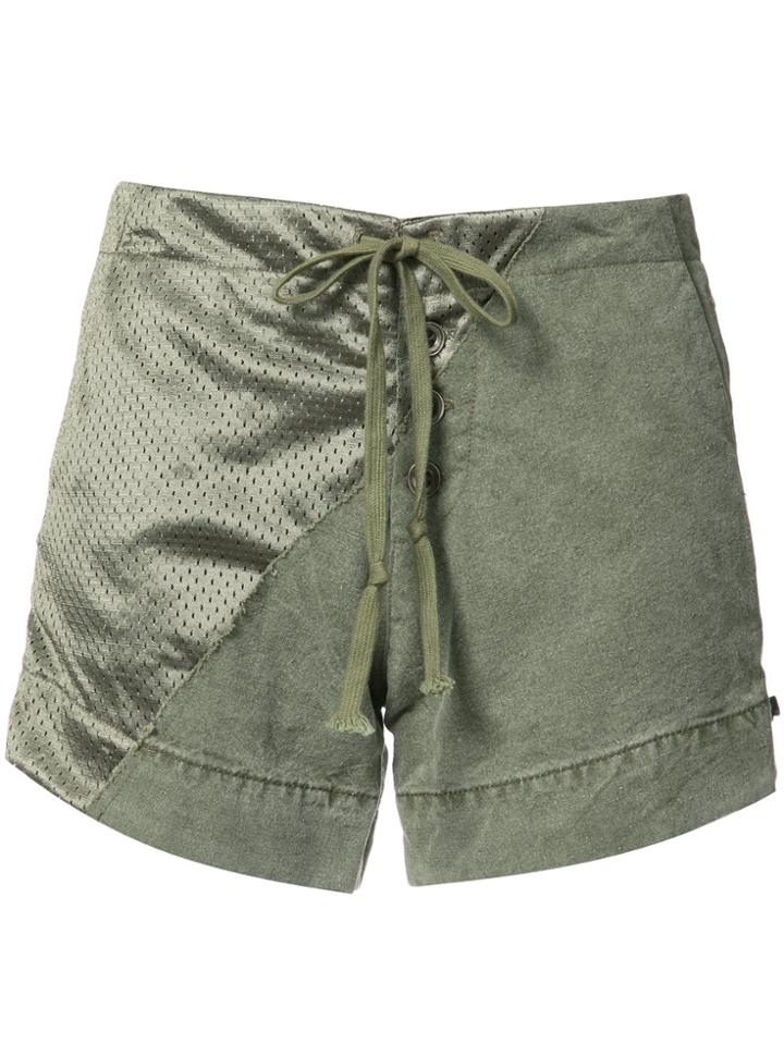 Greg Lauren Panelled Satin And Cotton Shorts - Green