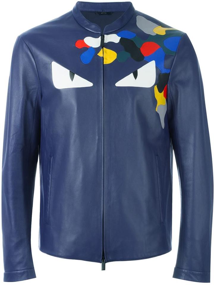 Fendi Bag Bugs Jacket, Men's, Size: 48, Blue, Lamb Skin/polyamide/spandex/elastane