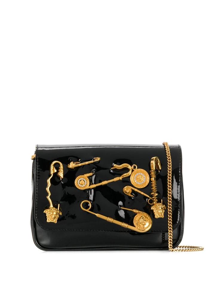 Versace Safety Pin Patent Leather Crossbody Bag - Black