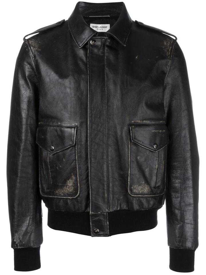 Saint Laurent Distressed Effect Bomber Jacket, Men's, Size: 50, Black, Calf Leather/wool/cupro/cotton