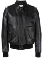 Saint Laurent Distressed Effect Bomber Jacket, Men's, Size: 50, Black, Calf Leather/wool/cupro/cotton
