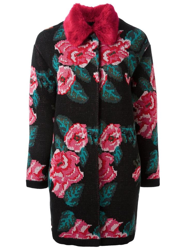 Twin-set Floral Intarsia Coat, Women's, Size: Xs, Black, Polyamide/viscose/cashmere/wool