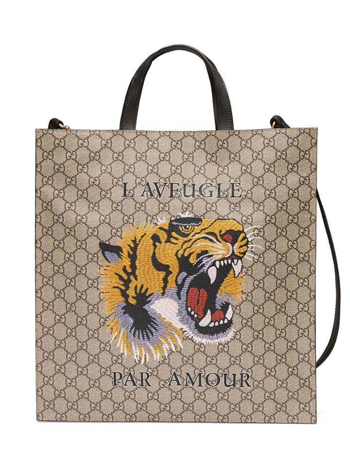 Gucci Tiger Print Soft Gg Supreme Tote - Brown