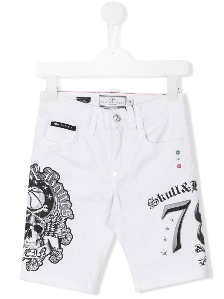 Philipp Plein Kids Skull Print Denim Shorts, Boy's, Size: 10 Yrs, White