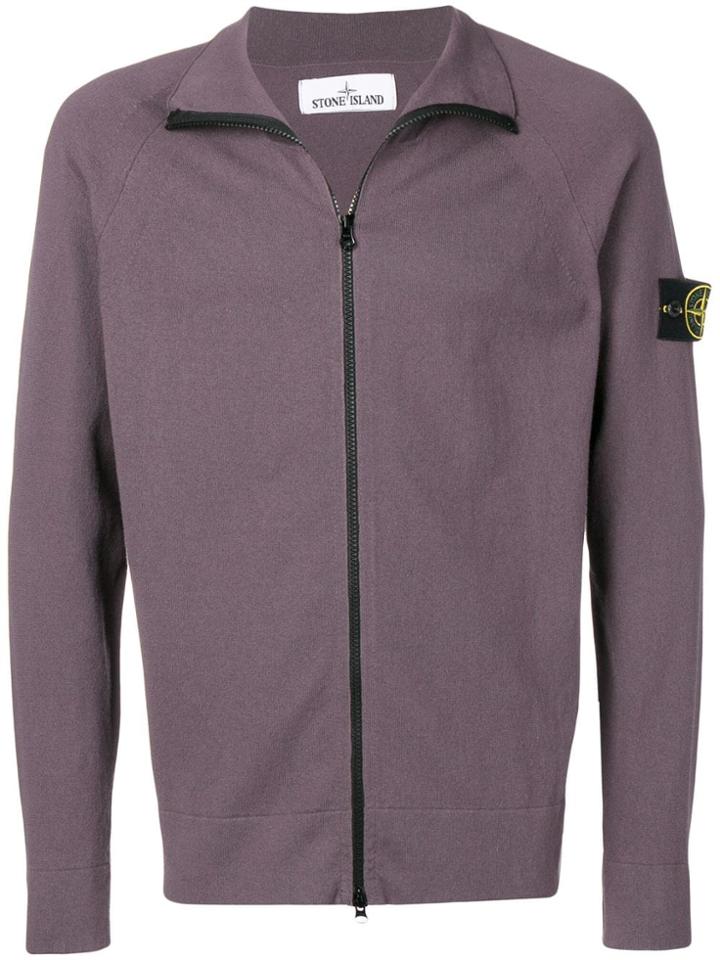 Stone Island Logo Patch Zipped Sweater - Purple