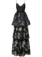 Marchesa Notte Layered Skirt Evening Dress - Black