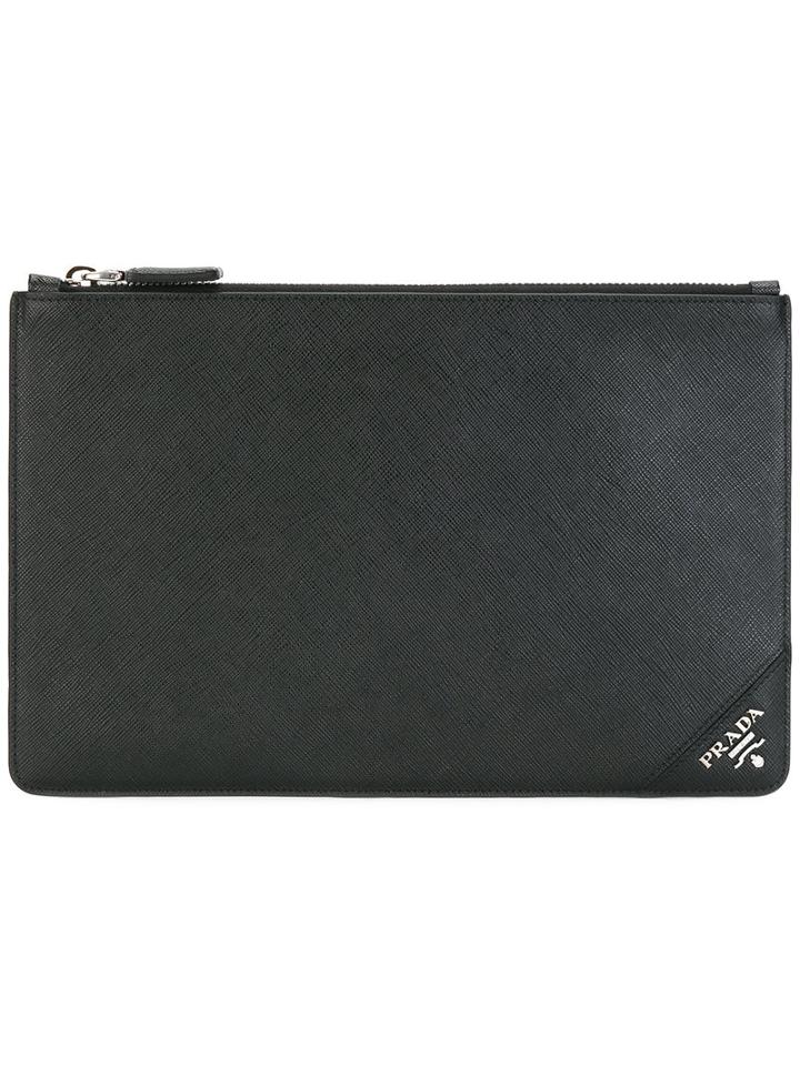 Prada Logo Embossed Classic Clutch, Men's, Black, Leather