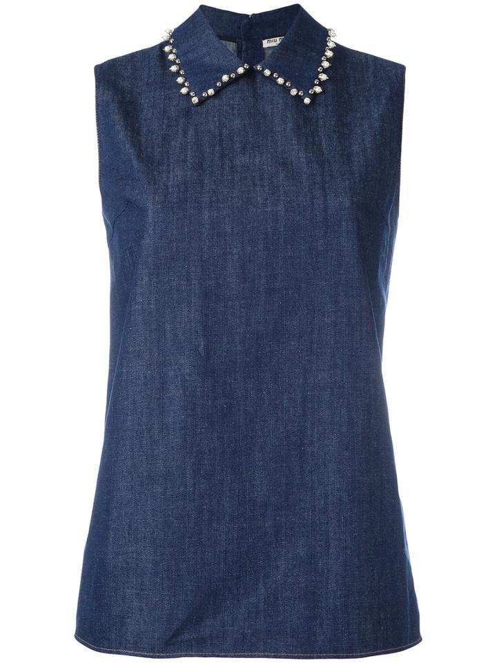 Miu Miu Stoned Collar Sleeveless Polo Top, Women's, Size: 40, Blue, Cotton