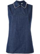 Miu Miu Stoned Collar Sleeveless Polo Top, Women's, Size: 40, Blue, Cotton