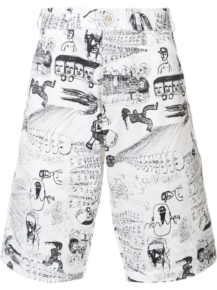 Comme Des Garçons Illustrated Print Shorts, Men's, Size: Large, White, Cotton