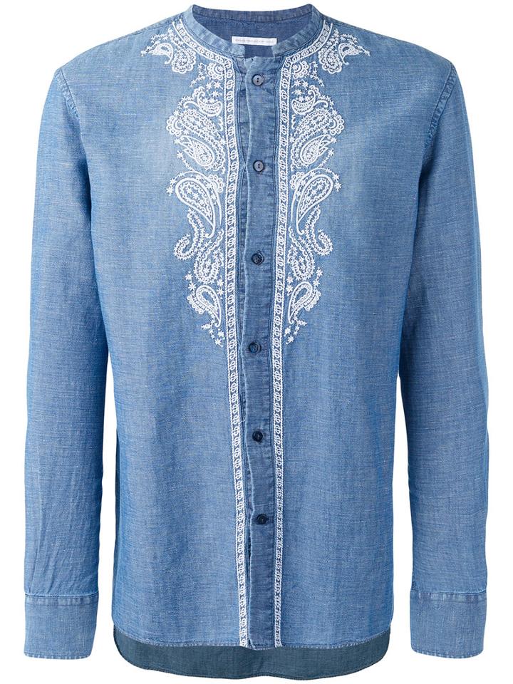 Ermanno Scervino - Collarless Embroidered Panel Shirt - Men - Cotton/linen/flax - 52, Blue, Cotton/linen/flax