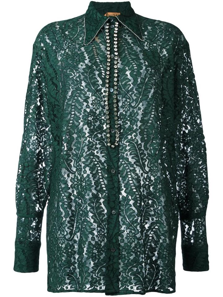 No21 Embellished Lace Shirt, Women's, Size: 42, Green, Cotton/polyamide/viscose/glass