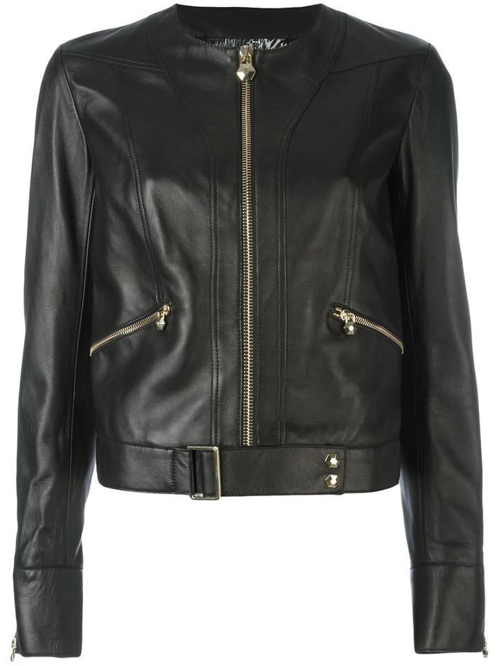 Philipp Plein Belted Hem Jacket, Women's, Size: Medium, Black, Lamb Skin/viscose