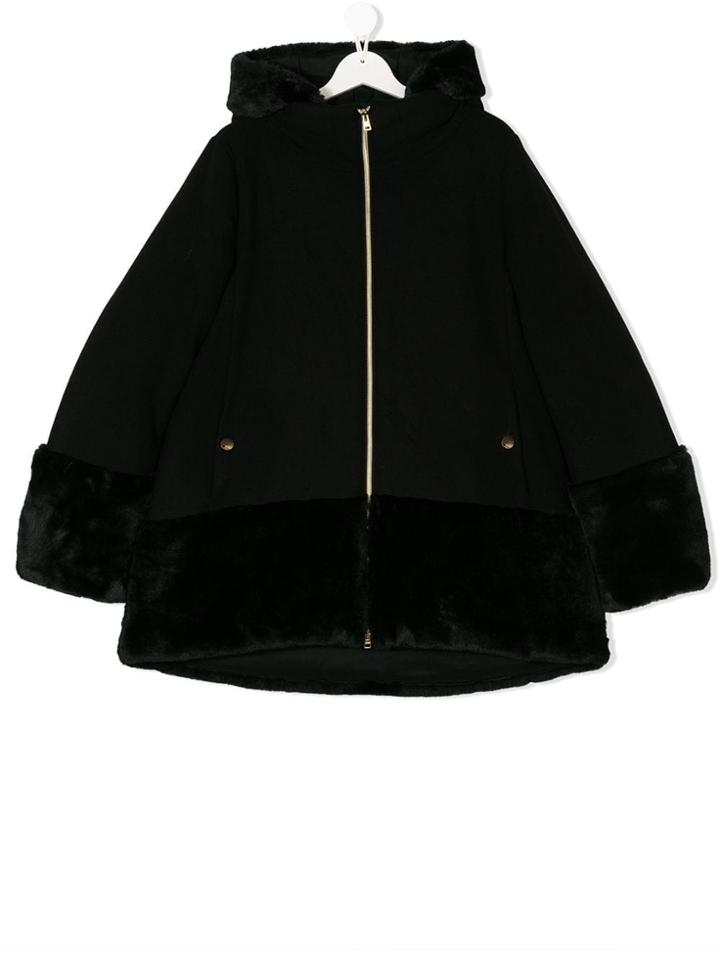 Herno Kids Teen Faux Fur Trim Coat - Black
