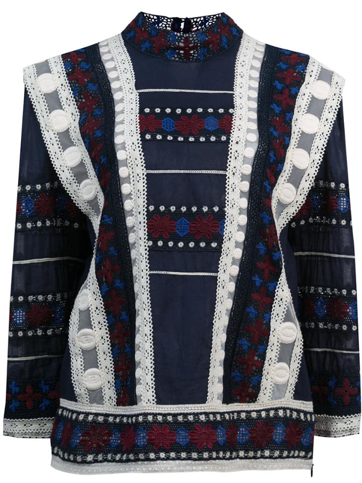 Sea Embroidered Cropped Sleeve Blouse - Blue