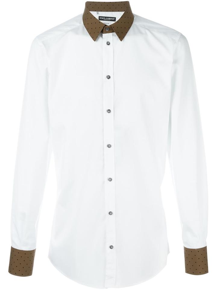 Dolce & Gabbana Polka Dot Trim Shirt, Men's, Size: 41, White, Cotton