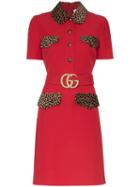 Gucci Leopard-print Trim Belted Dress - Red