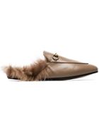 Gucci Beige Princetown Flat Leather And Shearling Slippers - Brown