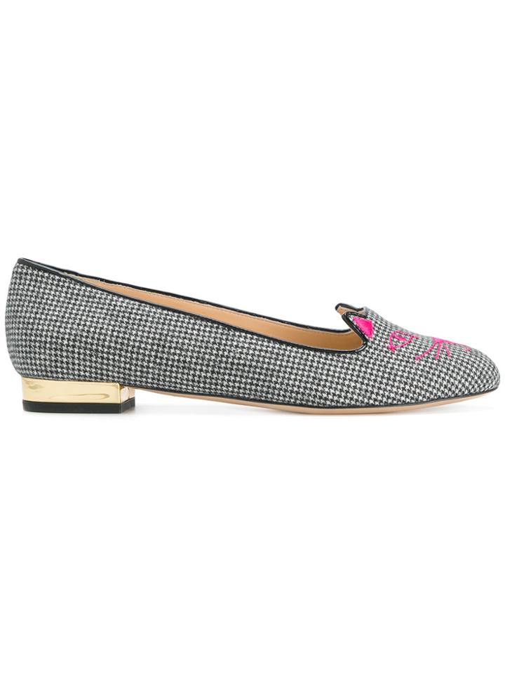 Charlotte Olympia Kitty Houndstooth Slippers - Black
