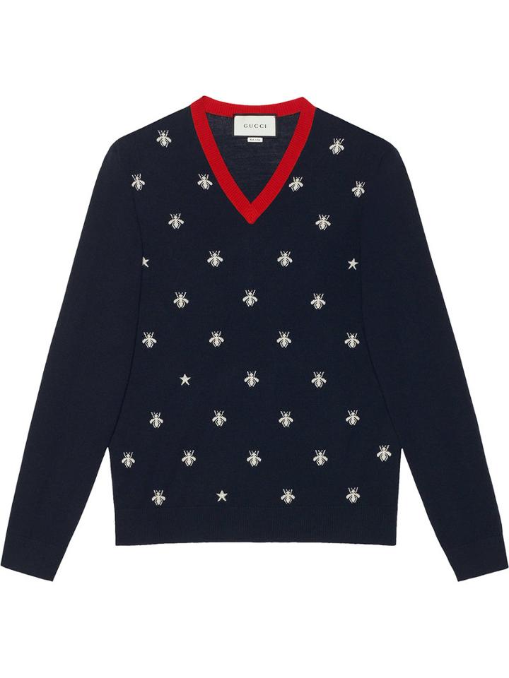 Gucci - Wool V-neck With Bees And Stars - Men - Wool - L, Blue, Wool