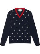 Gucci - Wool V-neck With Bees And Stars - Men - Wool - L, Blue, Wool
