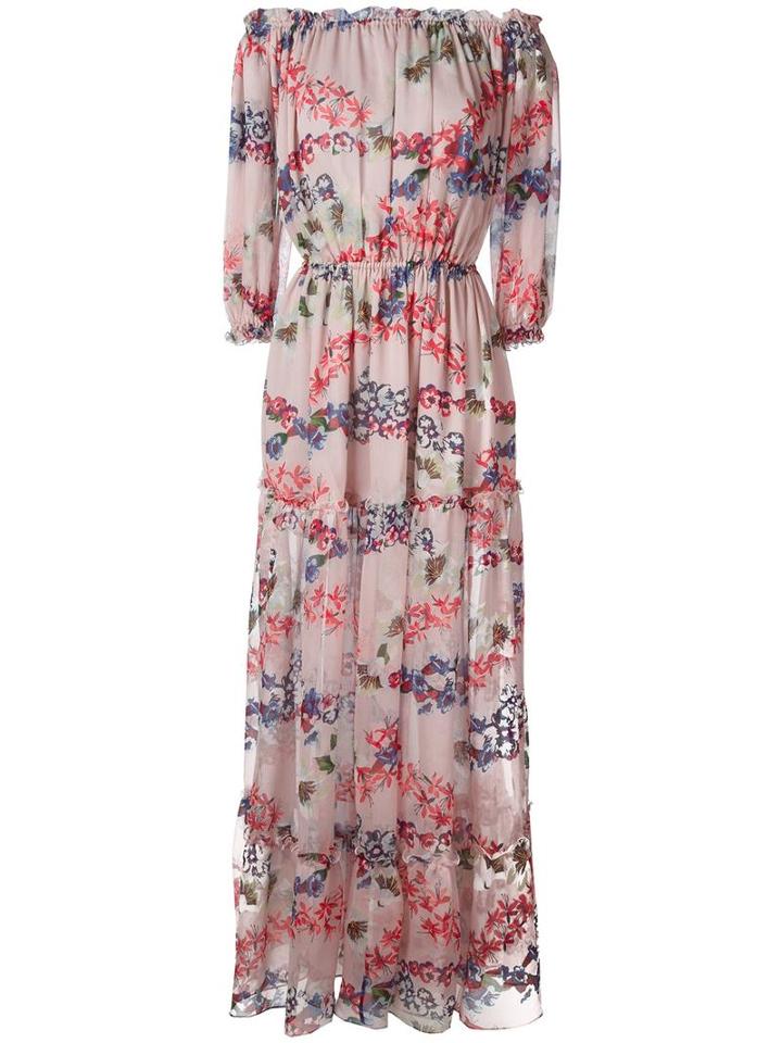 Msgm Floral Print Off-shoulders Dress, Women's, Size: 38, Pink/purple, Silk/polyester/cotton