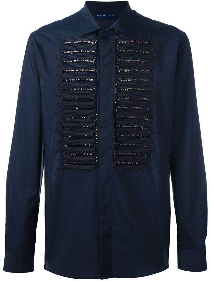 Etro Sequin Embellished Shirt, Men's, Size: Large, Blue, Silk/cotton/polyester