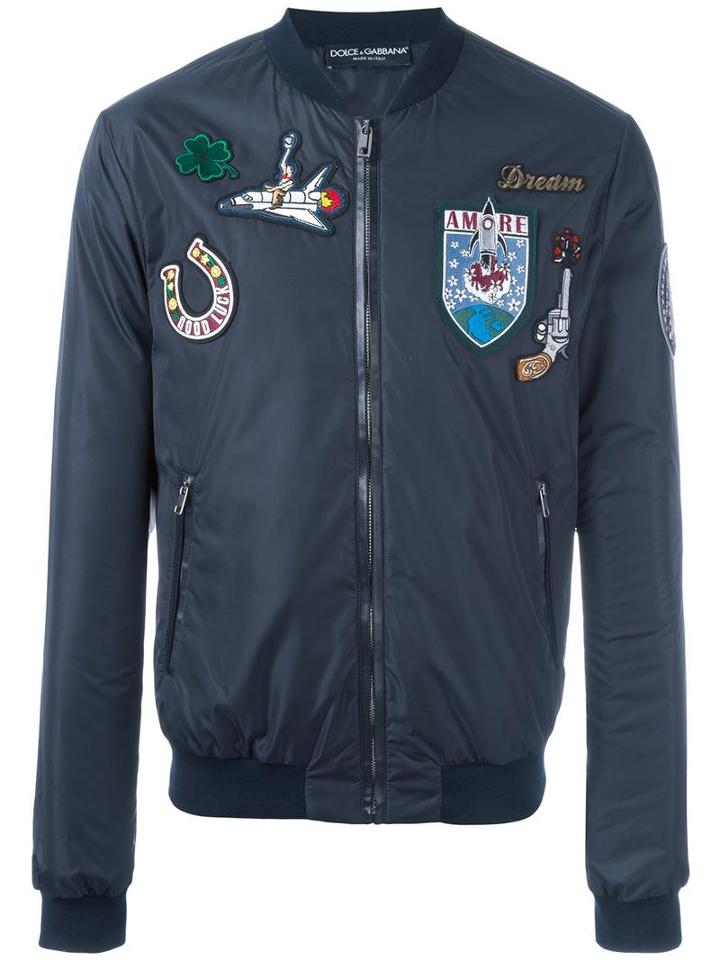 Dolce & Gabbana Patch Bomber Jacket, Size: 50, Blue, Polyamide/sheep Skin/shearling/polyester