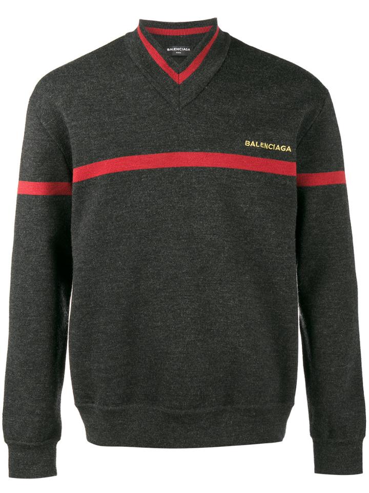 Balenciaga Striped V-neck Sweater - Grey
