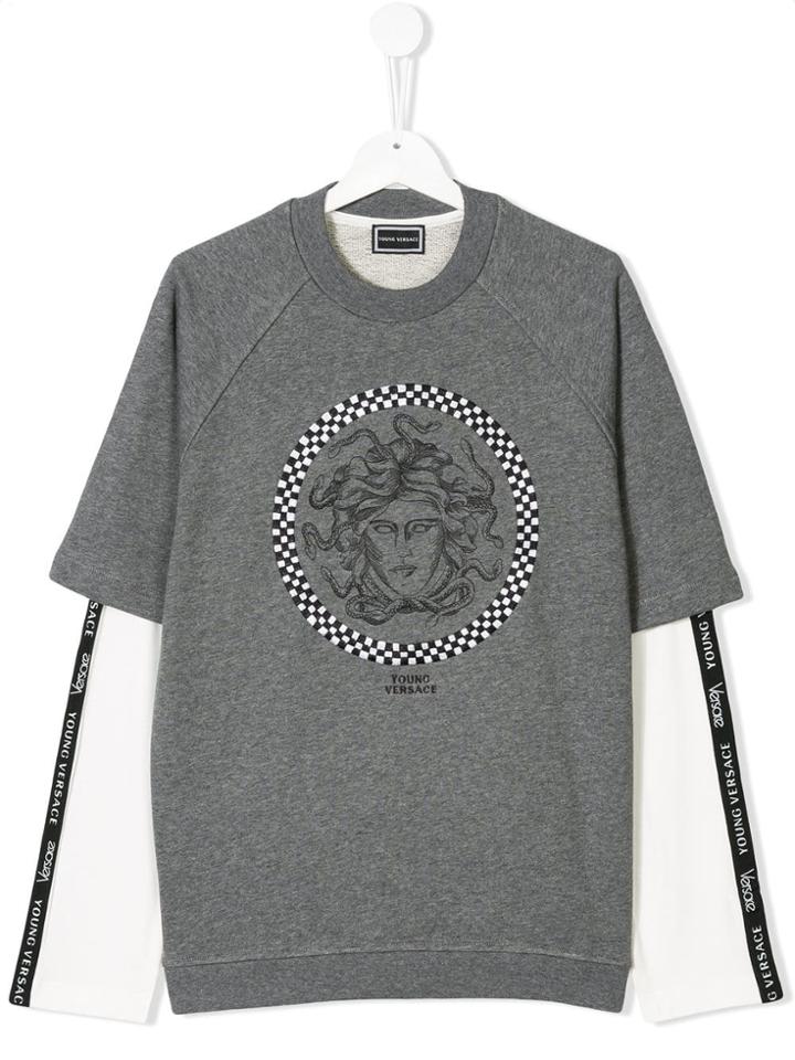 Young Versace Teen Medusa Checkered Logo Top - Grey
