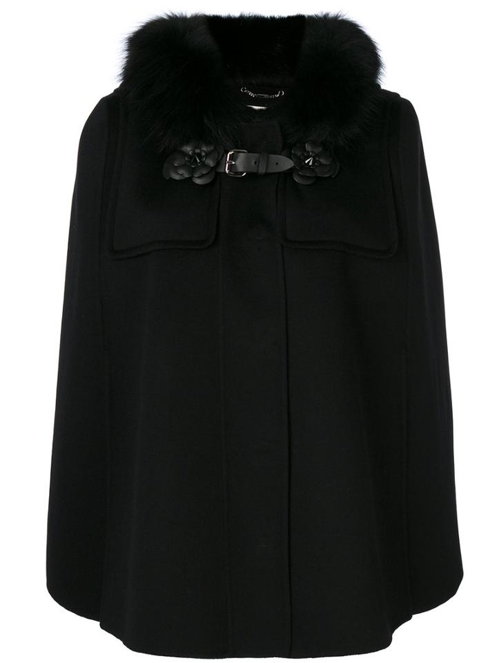 Fendi - Cape With Flower Buckle - Women - Cotton/viscose/wool - 42, Black, Cotton/viscose/wool