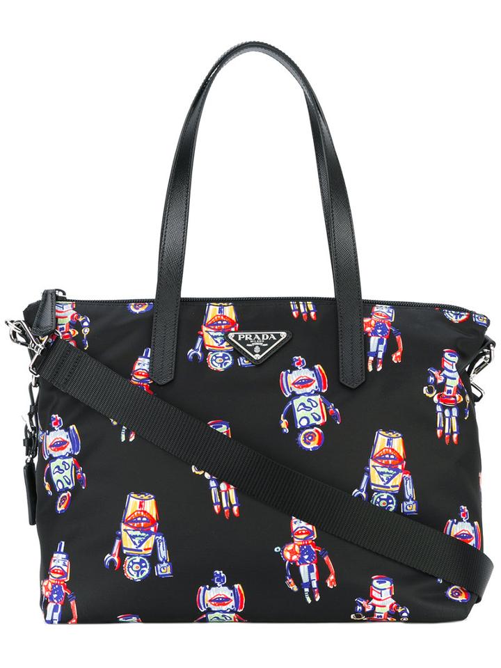 Prada Robots Print Toe Bag, Women's, Black, Polyamide